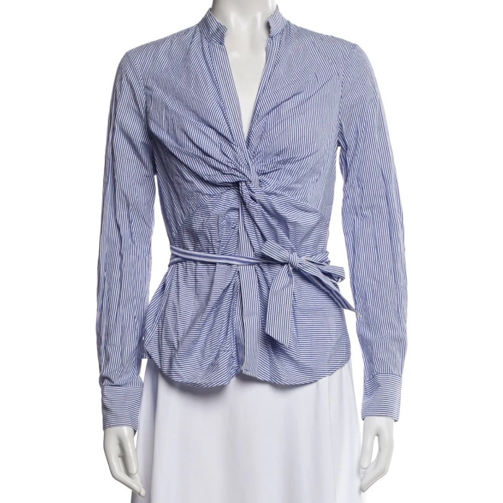 Diane Von Furstenberg Pinstripe Bryce Twist Front Blouse in Blue/White Size 8